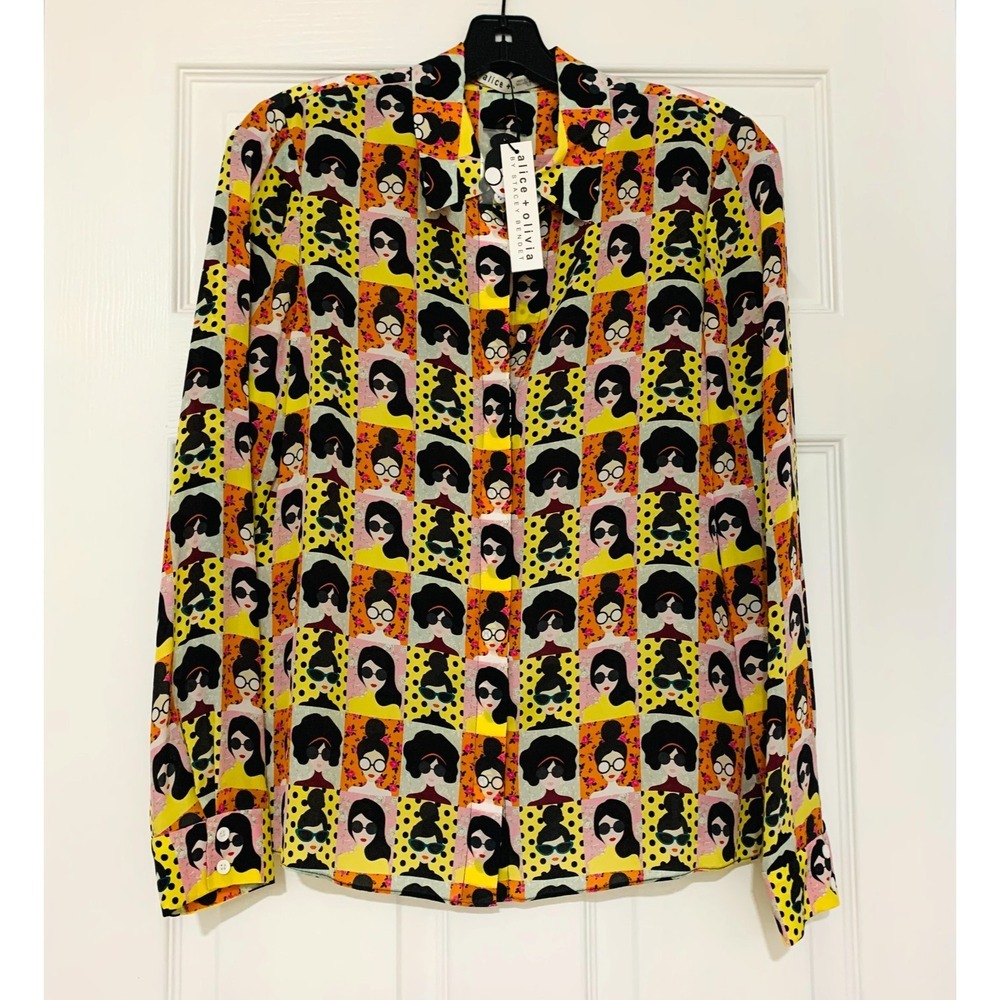 NWT Alice + Olivia Silk Willa Stace Tribe Face Blouse Shirt Sm 2 4 Mod - Picture 3 of 11